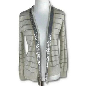 Ann Taylor petites sweater sz MP silver gray metallic 47% wool striped cardigan